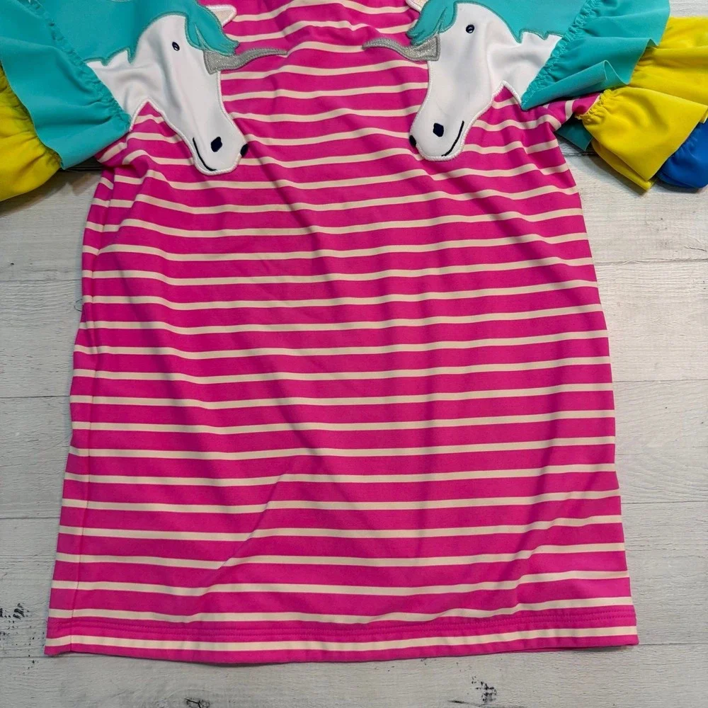 Mini Boden girls pink striped unicorn‎ short sleeve rashguard 11/12